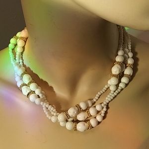 Three Strand White Beaded Necklace